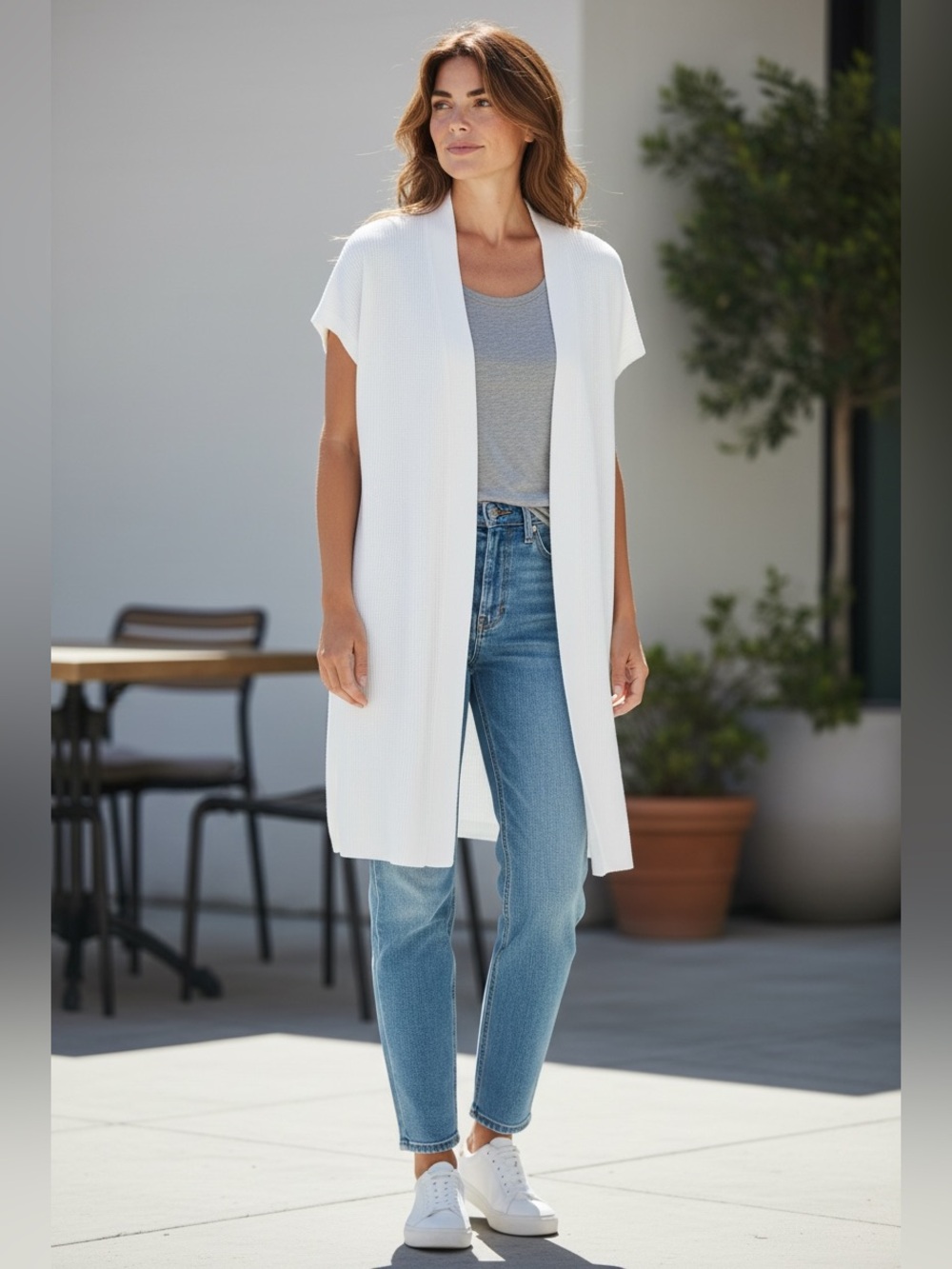 Eileen Fisher Organic Linen Chelsea Melange Long Open Cardigan M Spring Summer